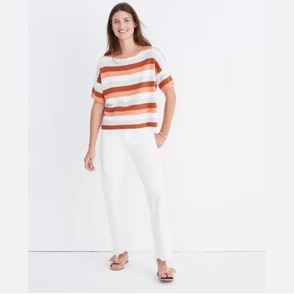 ⭐️ Madewell Striped Rust Orange Gray White Striped Short Sleeve Sweater XXS - Picture 2 of 10